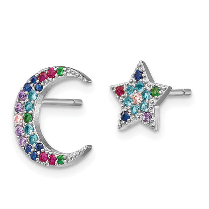 Sterlingsilber Prizma Rhodiniert Mond und Stern Bunt Zirkonia Ohrstecker