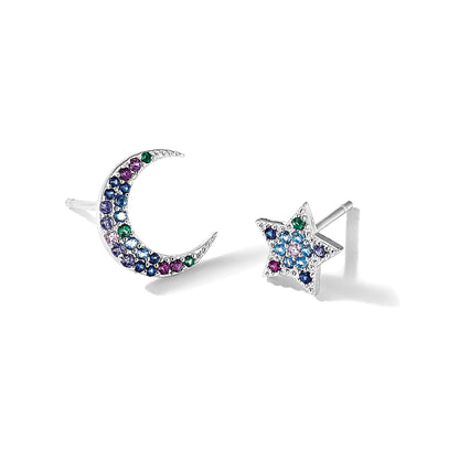 Sterlingsilber Prizma Rhodiniert Mond und Stern Bunt Zirkonia Ohrstecker