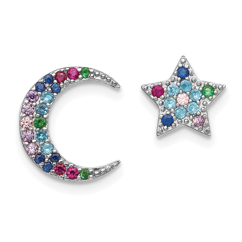 Sterlingsilber Prizma Rhodiniert Mond und Stern Bunt Zirkonia Ohrstecker