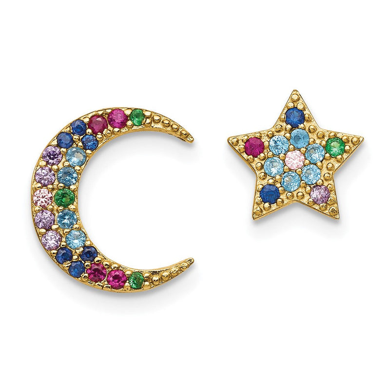 Sterlingsilber Prizma Goldfarben 14K Glanz Vergoldet Mond und Stern Bunt Zirkonia Ohrstecker