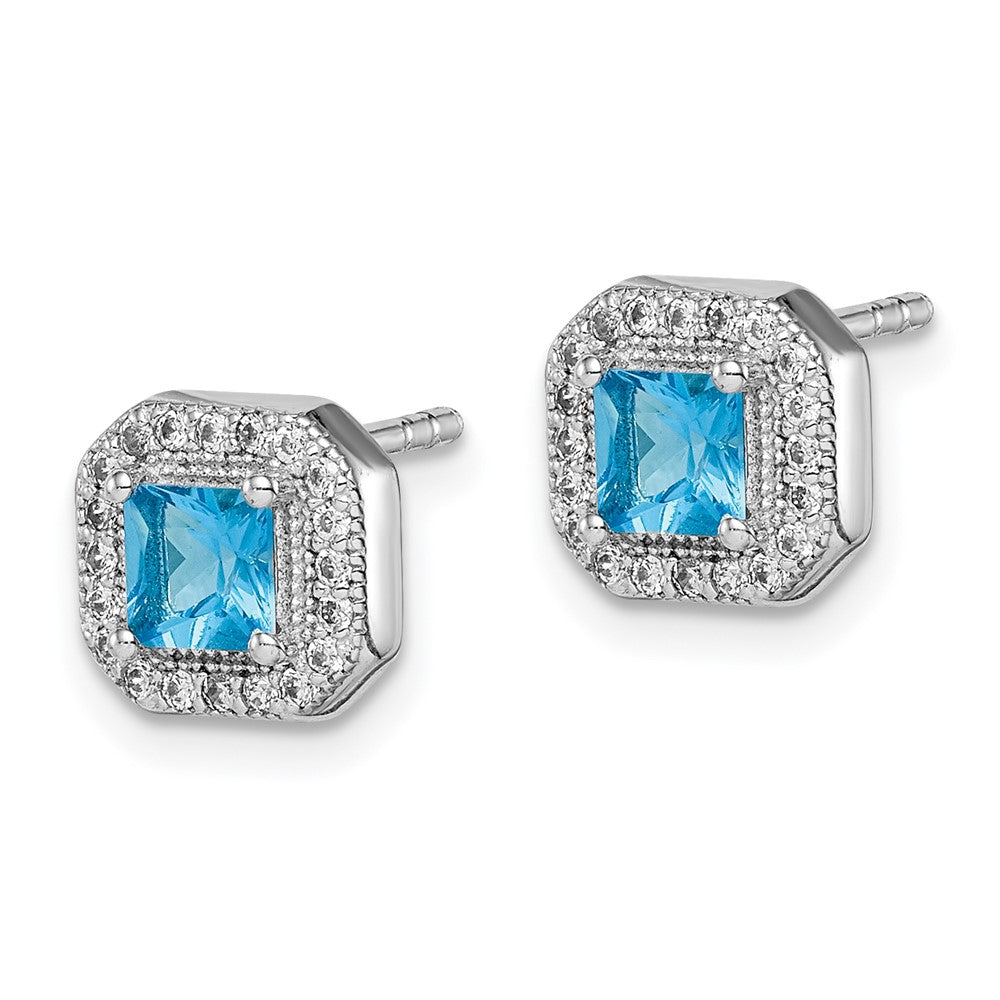 Sterlingsilber Rhodiniert Quadratisch Blau und Klar Zirkonia Ohrstecker