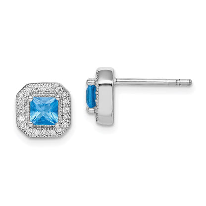 Sterlingsilber Rhodiniert Quadratisch Blau und Klar Zirkonia Ohrstecker