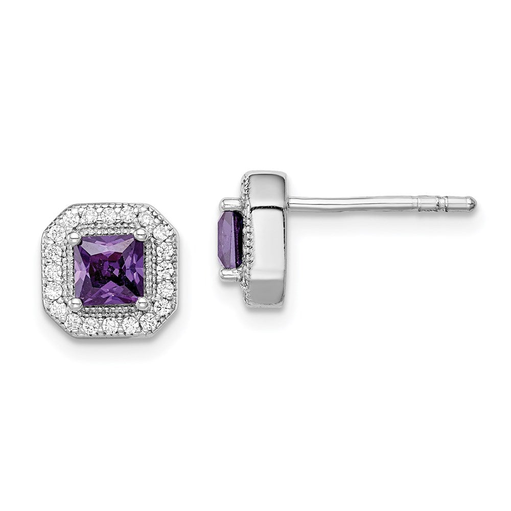 Sterlingsilber Rhodiniert Quadratisch Lila Zirkonia und Klar Ohrstecker