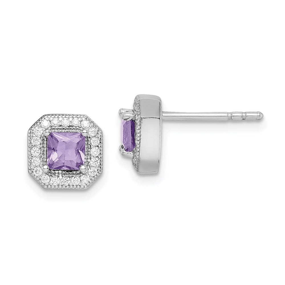 Sterlingsilber Rhodiniert Quadratisch Licht Lila und Klar Zirkonia Ohrstecker