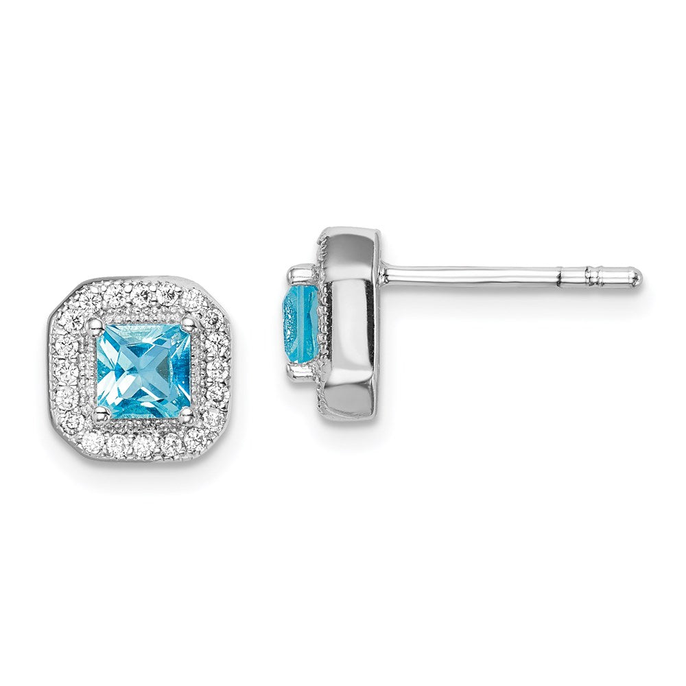 Sterlingsilber Rhodiniert Quadratisch Licht Blau und Klar Zirkonia Ohrstecker