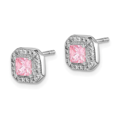 Sterlingsilber Rhodiniert Quadratisch Rosa Zirkonia und Klar Ohrstecker