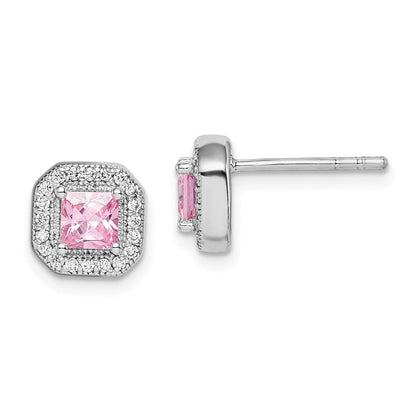 Sterlingsilber Rhodiniert Quadratisch Rosa Zirkonia und Klar Ohrstecker