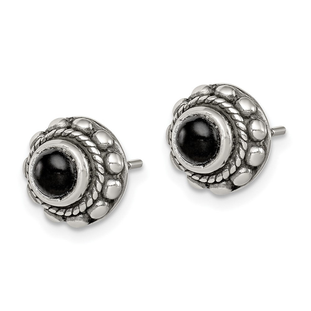 Sterlingsilber Poliert & Antikisiert Strukturiert Onyx Rund Ohrstecker