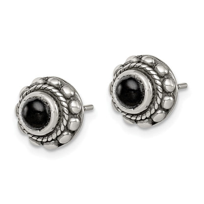 Sterlingsilber Poliert & Antikisiert Strukturiert Onyx Rund Ohrstecker