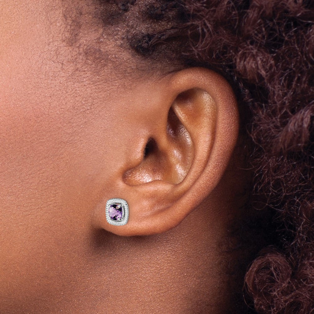 Sterlingsilber Rhod-plat Amethyst Quadratisch Ohrstecker