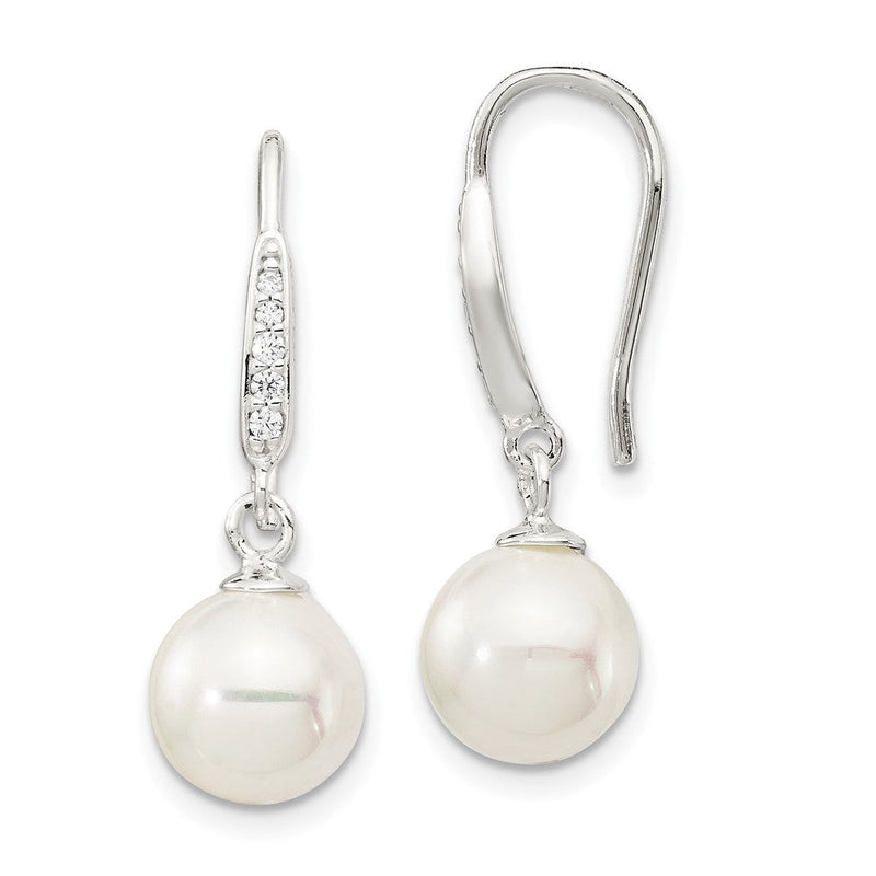 Sterlingsilber Rhodiniert Poliert Weiß 7-8mm Muschel Perle & Zirkonia Ohrhänger
