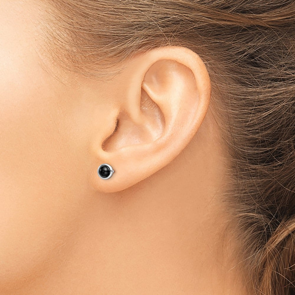 Sterlingsilber Rhodiniert Poliert Onyx Rund Zargenfassung Ohrstecker