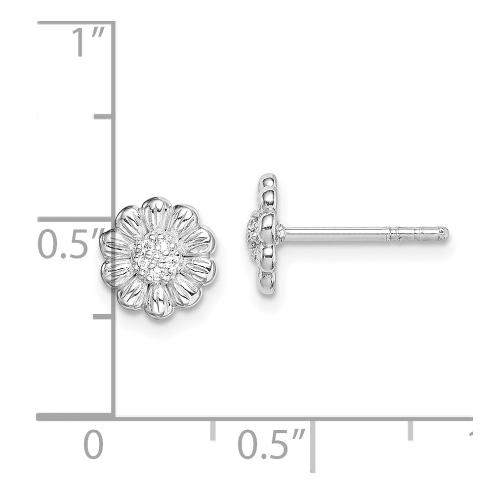 Sterlingsilber Rhodiniert Poliert & Strukturiert Zirkonia Blume Ohrstecker