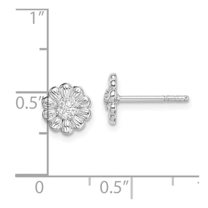 Sterlingsilber Rhodiniert Poliert & Strukturiert Zirkonia Blume Ohrstecker