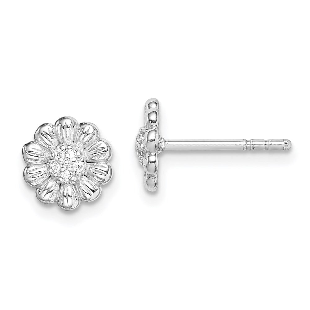 Sterlingsilber Rhodiniert Poliert & Strukturiert Zirkonia Blume Ohrstecker