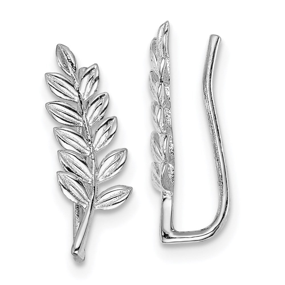 Sterlingsilber Rhodiniert Poliert & Strukturiert Blatt Ohr Climber Ohrring