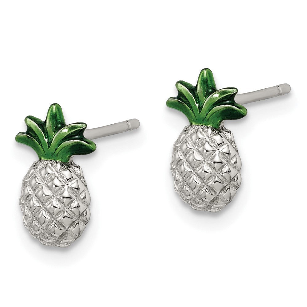Sterlingsilber Rhodiniert Pineapple mit Grün Emaille Ohrstecker
