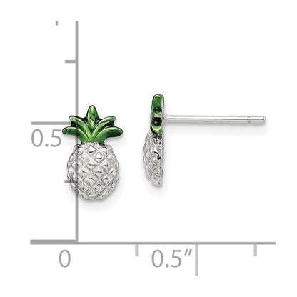 Sterlingsilber Rhodiniert Pineapple mit Grün Emaille Ohrstecker