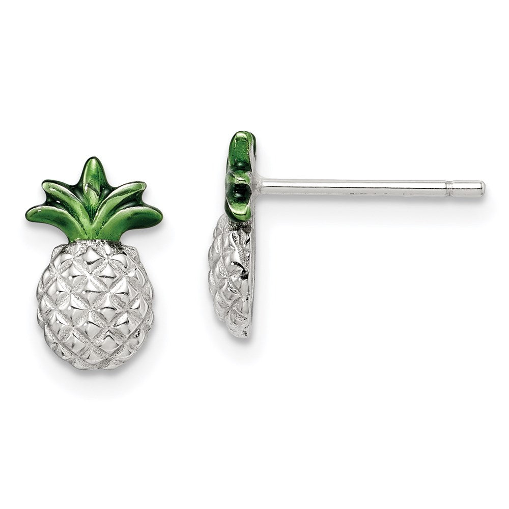 Sterlingsilber Rhodiniert Pineapple mit Grün Emaille Ohrstecker