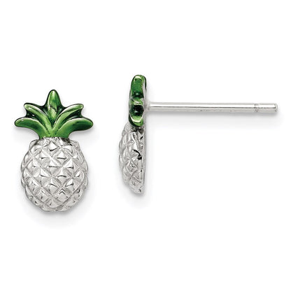 Sterlingsilber Rhodiniert Pineapple mit Grün Emaille Ohrstecker