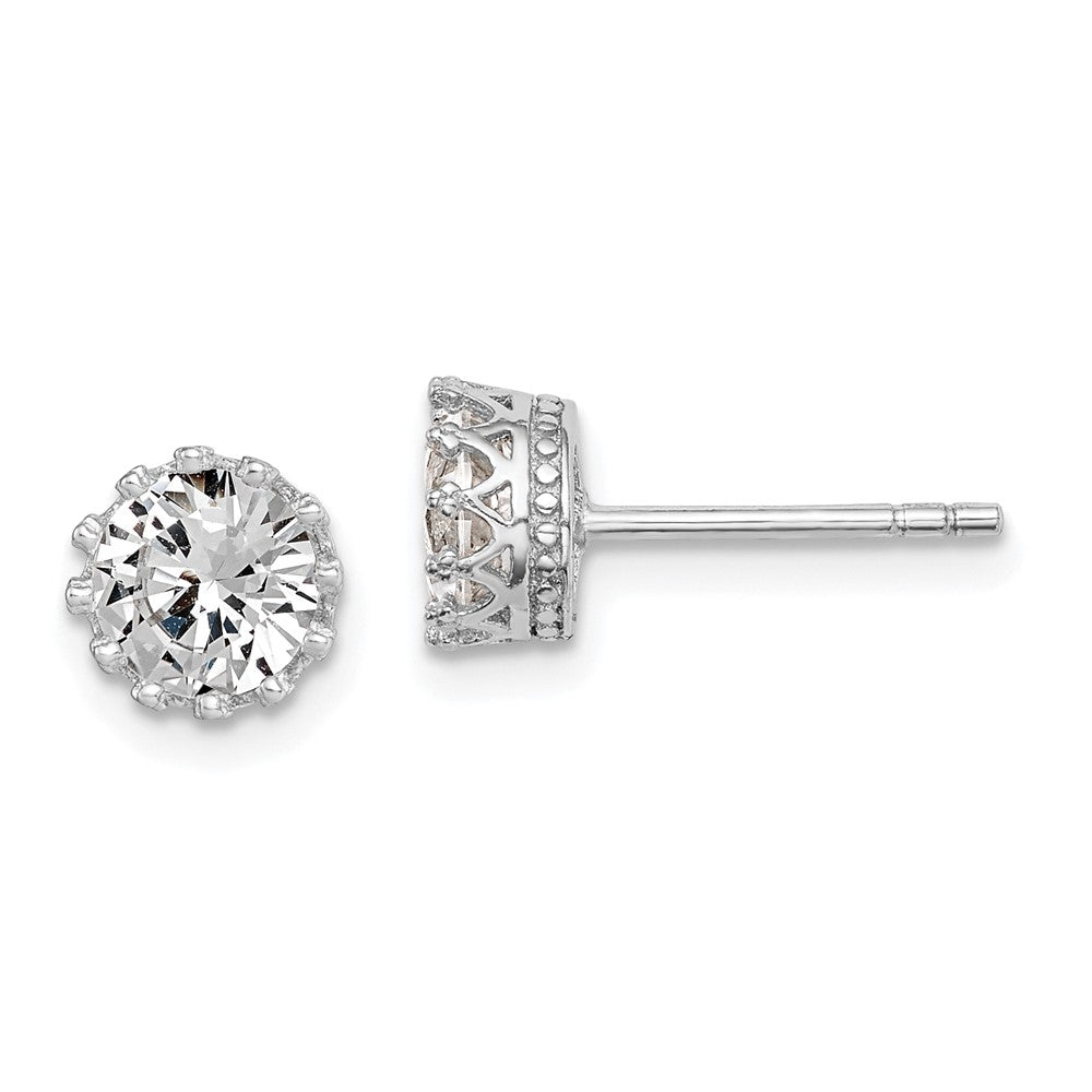 Sterlingsilber Rhodiniert Poliert & Strukturiert 6mm Rund Zirkonia Ohrstecker