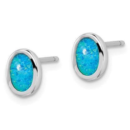 Sterlingsilber Rhodiniert Poliert Blau Erzeugt Opal Oval Ohrstecker