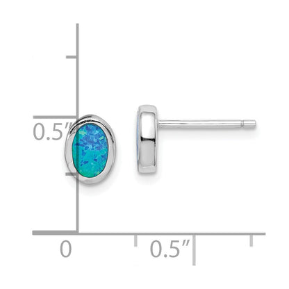 Sterlingsilber Rhodiniert Poliert Blau Erzeugt Opal Oval Ohrstecker