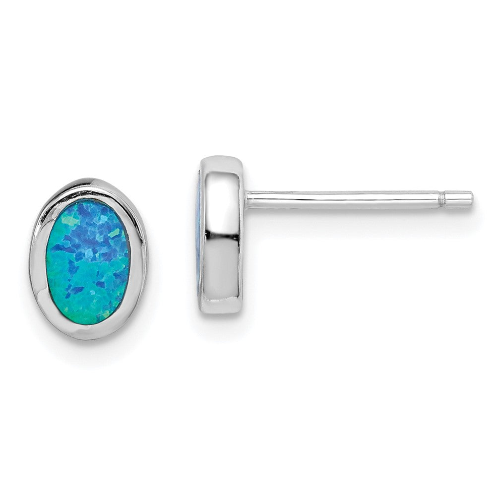 Sterlingsilber Rhodiniert Poliert Blau Erzeugt Opal Oval Ohrstecker