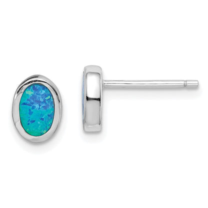 Sterlingsilber Rhodiniert Poliert Blau Erzeugt Opal Oval Ohrstecker