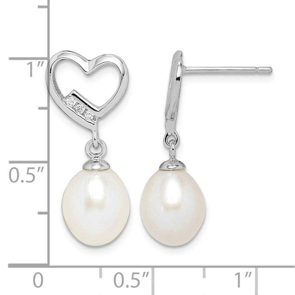 Sterlingsilber Rhodiniert 7-8mm Rice Fwc Perle Zirkonia Herz Ohrringe