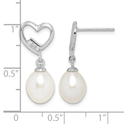 Sterlingsilber Rhodiniert 7-8mm Rice Fwc Perle Zirkonia Herz Ohrringe
