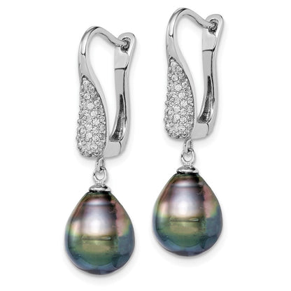 Sterlingsilber Rhodiniert 9-10mm Tahitian Tropfen Perle Zirkonia Ohrringe