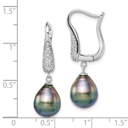 Sterlingsilber Rhodiniert 9-10mm Tahitian Tropfen Perle Zirkonia Ohrringe