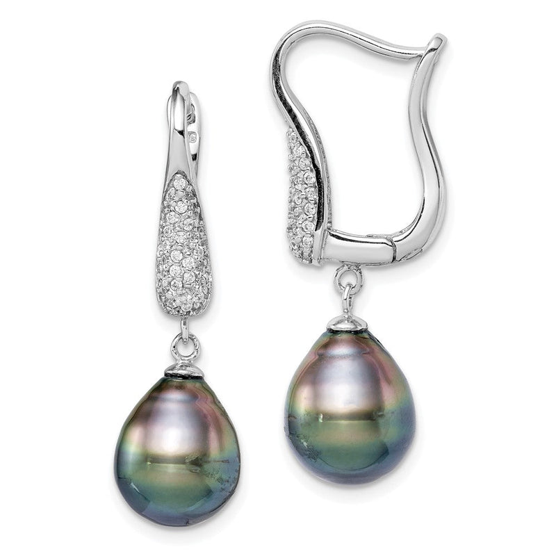 Sterlingsilber Rhodiniert 9-10mm Tahitian Tropfen Perle Zirkonia Ohrringe