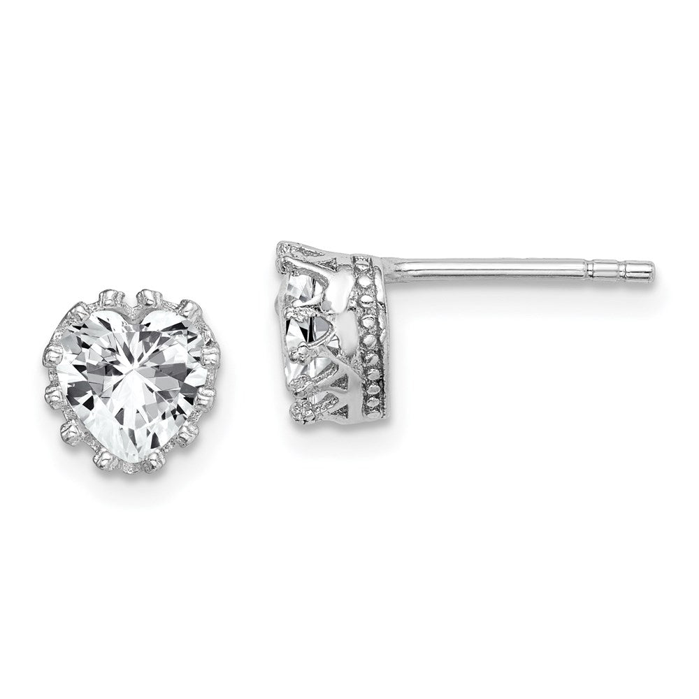 Sterlingsilber Rhodiniert Poliert & Strukturiert 6mm Herz Zirkonia Ohrstecker