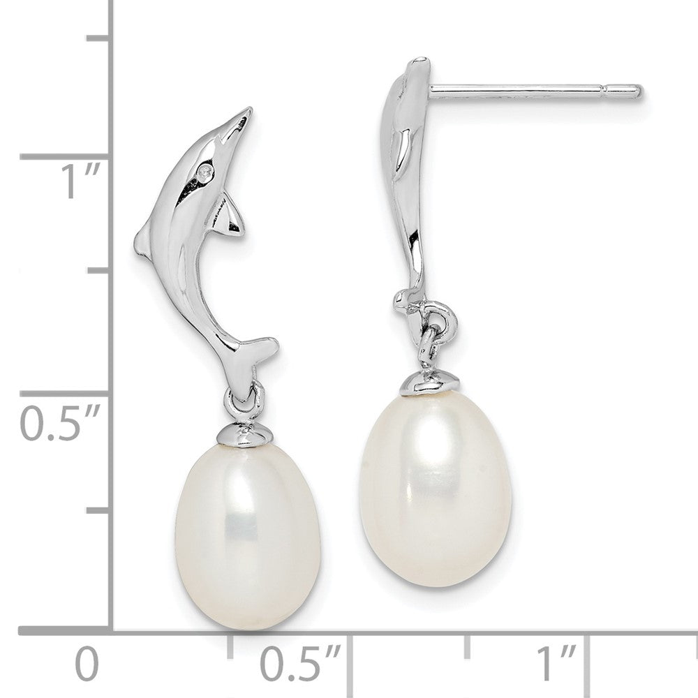 Sterlingsilber Rhodiniert 7-8mm Weiß Rice Fwc Perle Delfin Ohrringe