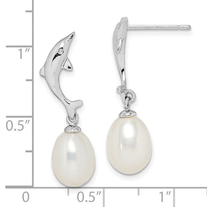 Sterlingsilber Rhodiniert 7-8mm Weiß Rice Fwc Perle Delfin Ohrringe