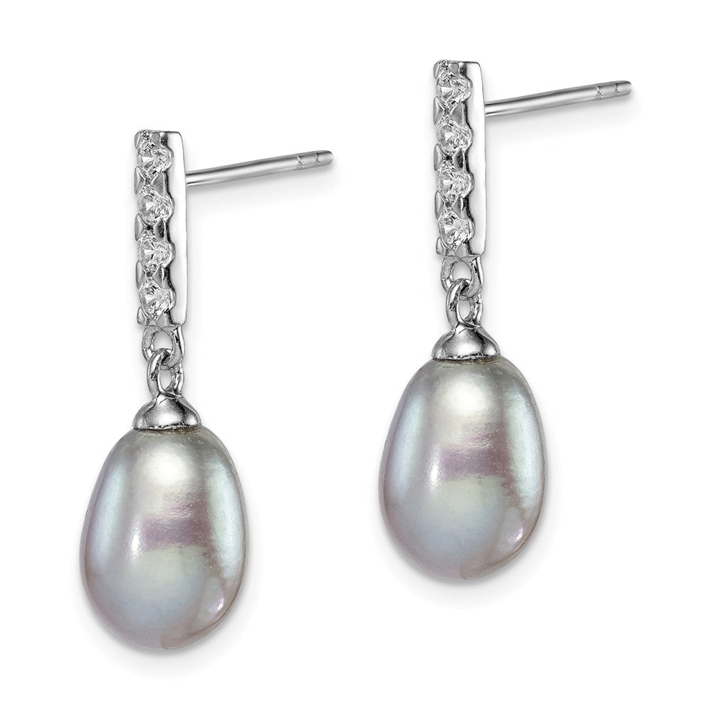 Sterlingsilber Rhodiniert Poliert 8-9mm Grau Süßwasser Zuchtperle & Zirkonia Stecker Ohrhänger