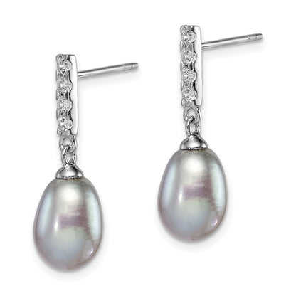 Sterlingsilber Rhodiniert Poliert 8-9mm Grau Süßwasser Zuchtperle & Zirkonia Stecker Ohrhänger