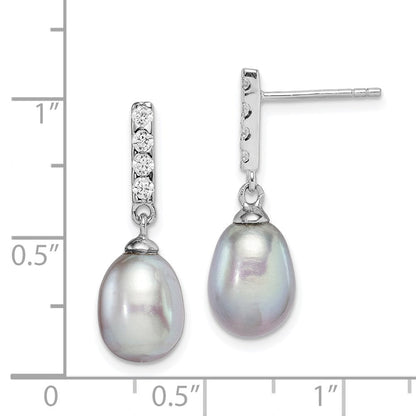 Sterlingsilber Rhodiniert Poliert 8-9mm Grau Süßwasser Zuchtperle & Zirkonia Stecker Ohrhänger