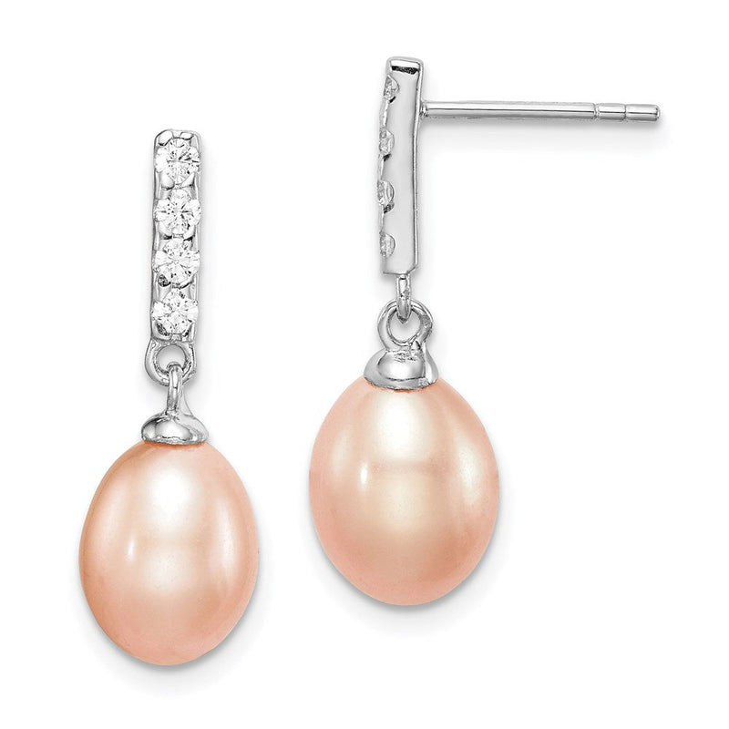 Sterlingsilber Rhodiniert Poliert Rosa 8-9mm Süßwasser Zuchtperle & Zirkonia Stecker Ohrhänger