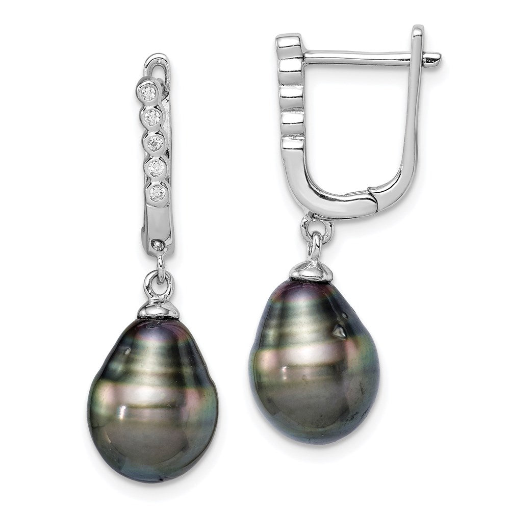 Sterlingsilber Rhodiniert Poliert 9-10mm Tahitian Perle & Zirkonia Ohrhänger