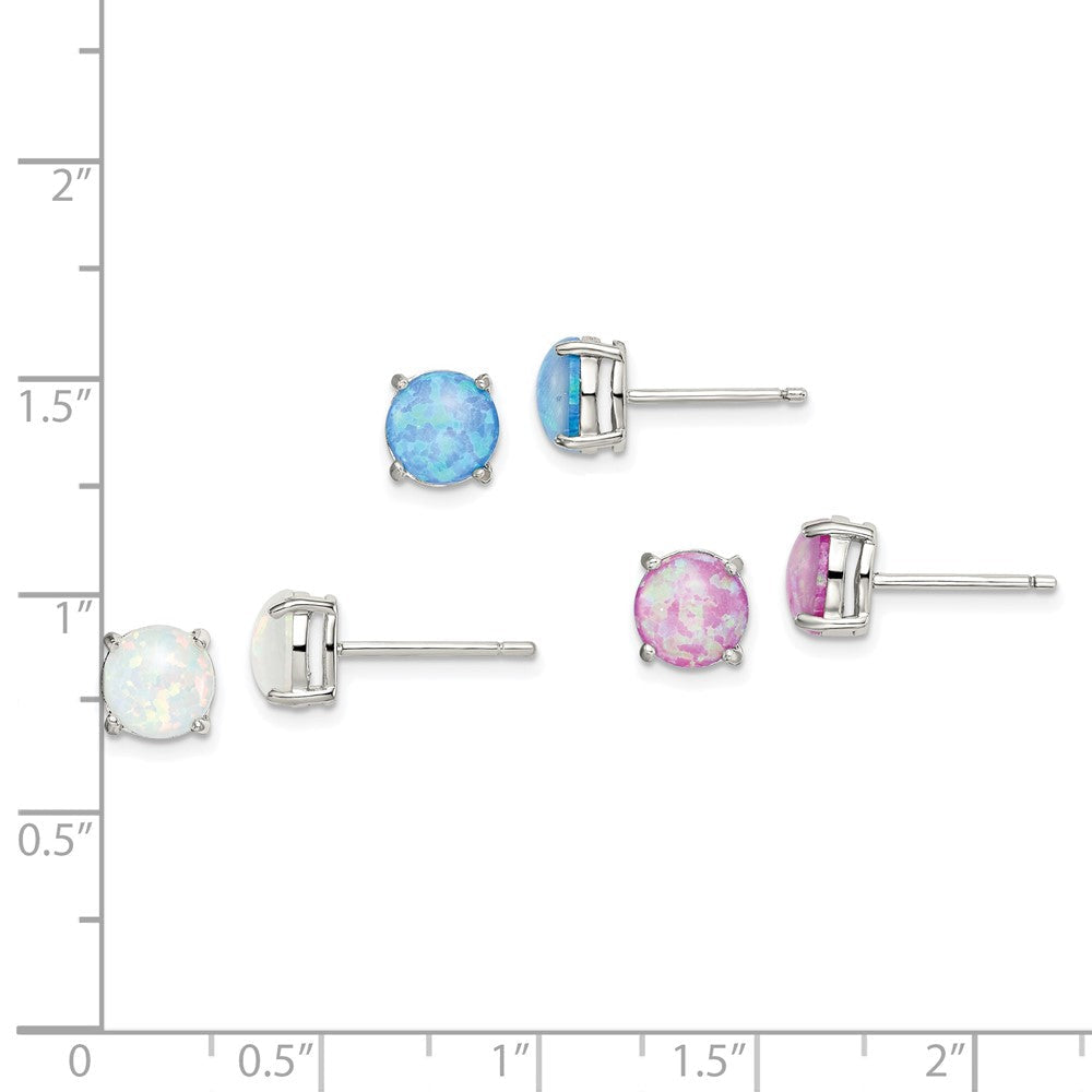 Sterlingsilber Poliert Rosa, Weiß & Blau 7mm Rund Erzeugt Opal 3 Pair Set Of Ohrstecker