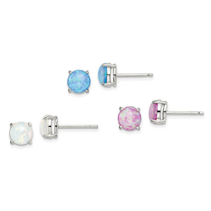 Sterlingsilber Poliert Rosa, Weiß & Blau 7mm Rund Erzeugt Opal 3 Pair Set Of Ohrstecker