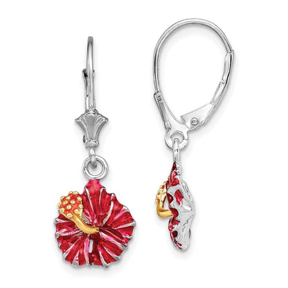 Sterlingsilber De-ani Rhodiniert Emailliert Rot Hibiscus Ohrhänger mit Brisur