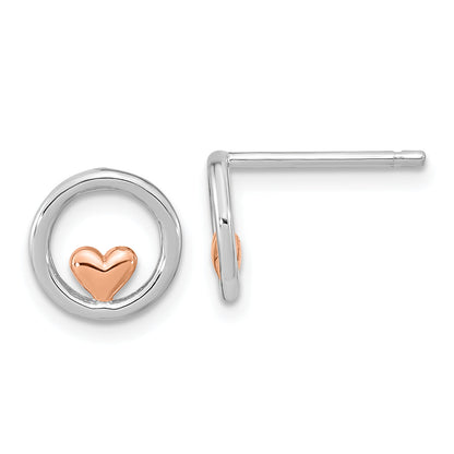 Ss/roségoldbeschichtet Sterlingsilber Rhodiniert & Rose Vergoldet Kreis mit Herz Ohrstecker