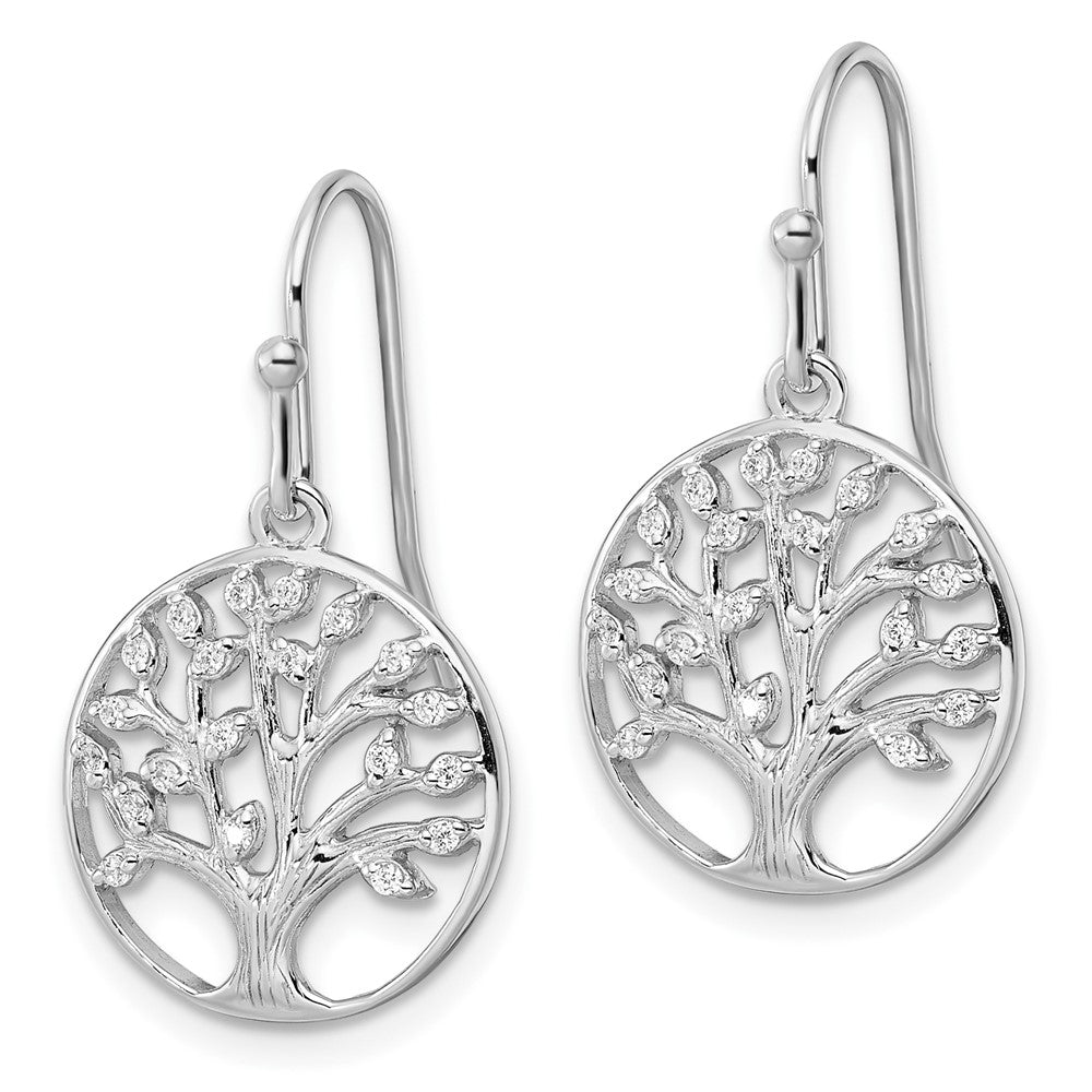 Sterlingsilber Rhodiniert Hängend Poliert Zirkonia Baum Of Leben Ohrringe