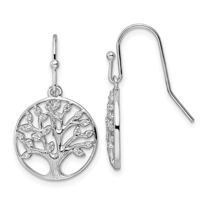 Sterlingsilber Rhodiniert Hängend Poliert Zirkonia Baum Of Leben Ohrringe