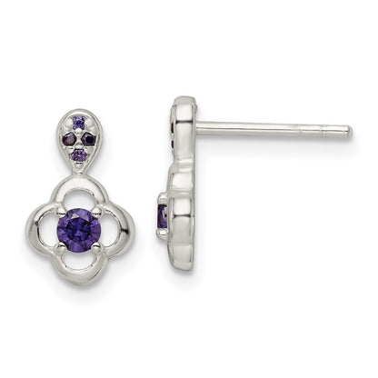 Sterlingsilber Poliert Lila Zirkonia Blume Stecker Ohrhänger