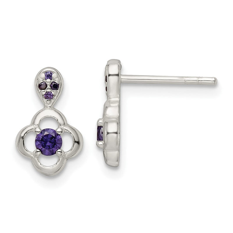 Sterlingsilber Poliert Lila Zirkonia Blume Stecker Ohrhänger